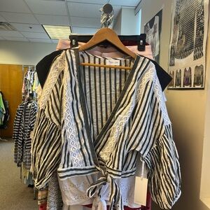 Striped Lace Wrap Crop Top with Lace